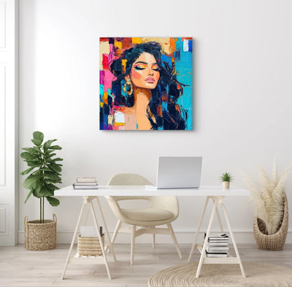 Colorful Confidence aan de muur boven een minimalistisch bureau met laptop en planten
