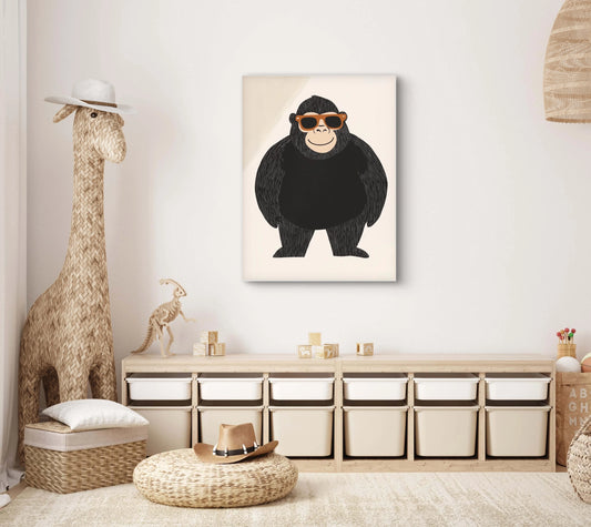Kunstwerk van een gorilla met zonnebril aan de muur in een natuurlijke kinderkamer met opbergvakken en giraffe decoratie
