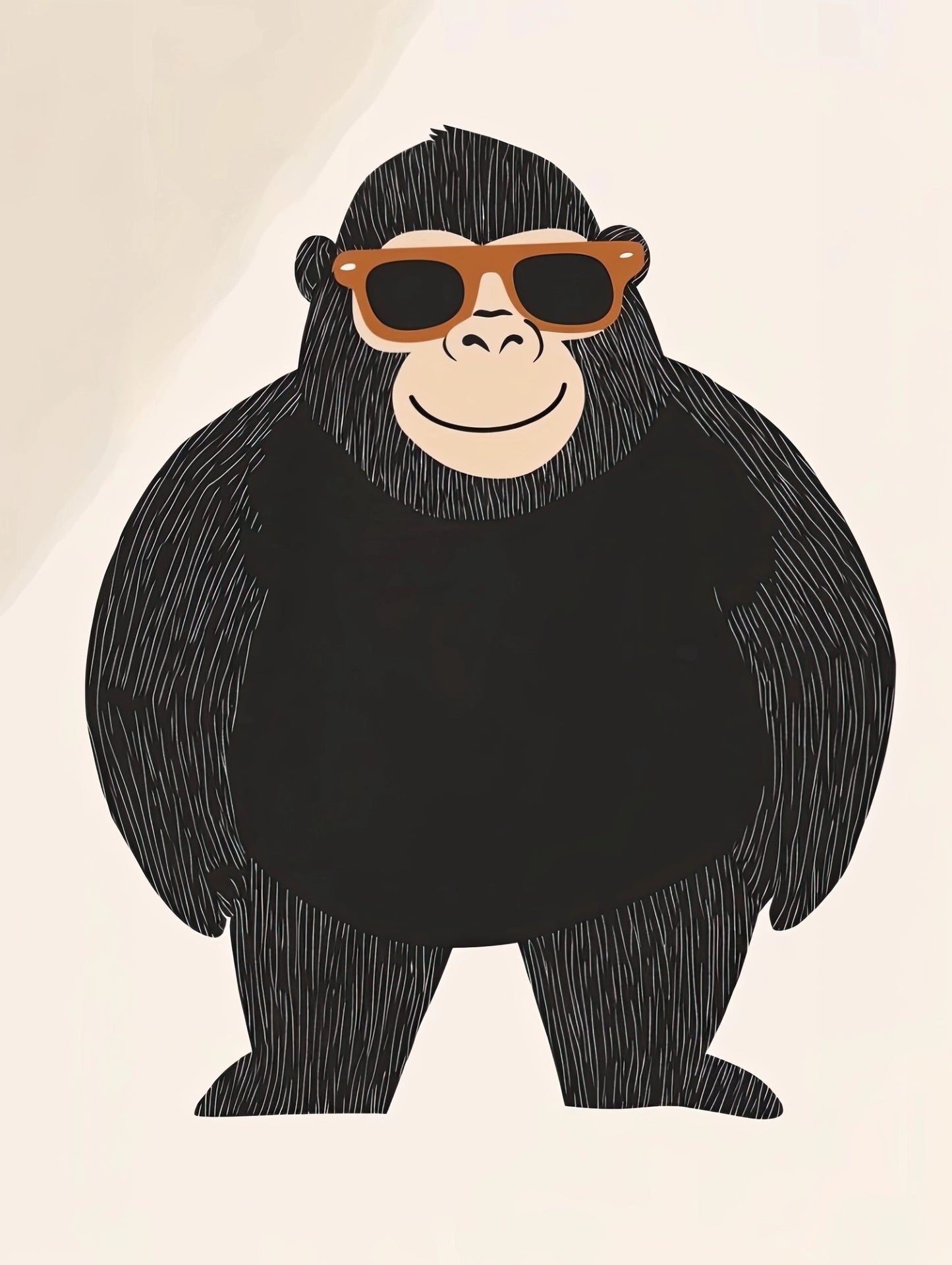 Minimalistische tekening van een staande gorilla met zonnebril, grafische stijl
