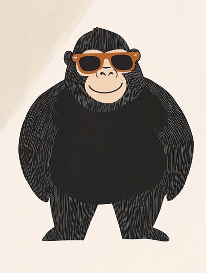 Minimalistische tekening van een staande gorilla met zonnebril, grafische stijl
