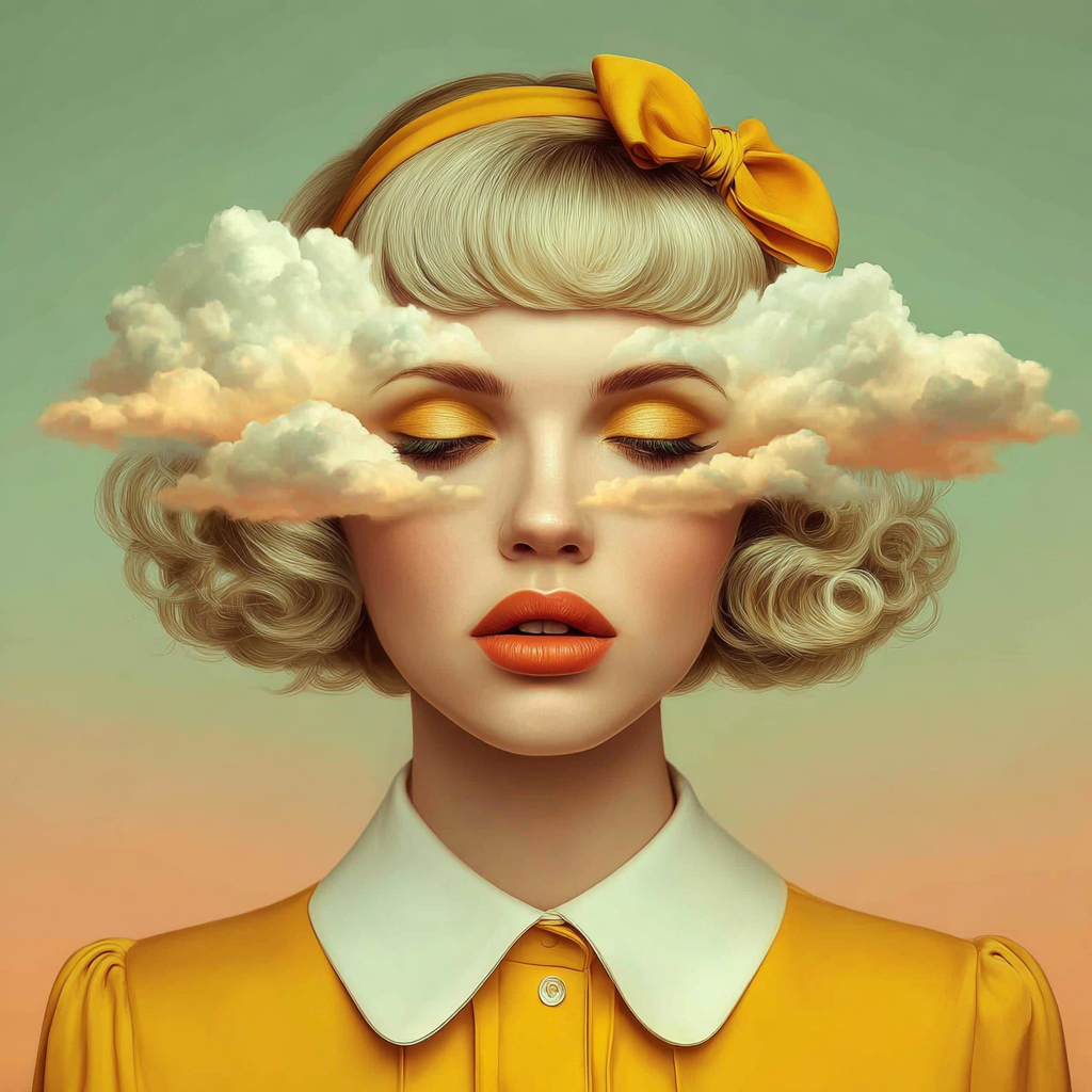 Volledige weergave van Dagdauw, portretkunst met wolken en dromerige uitstraling
