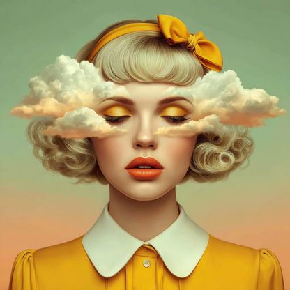 Volledige weergave van Dagdauw, portretkunst met wolken en dromerige uitstraling
