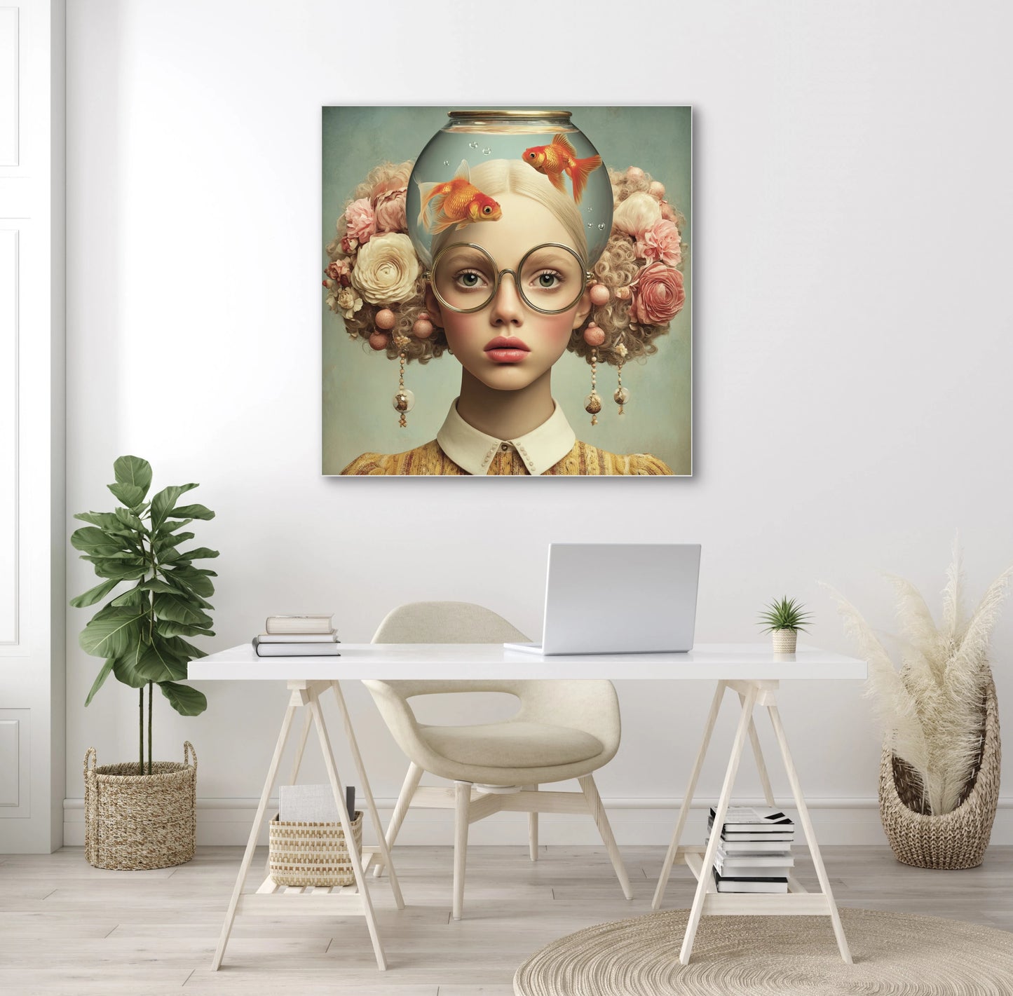 Dagdroom wandkunst in licht interieur met zachte kleuren en verfijnde sfeer
