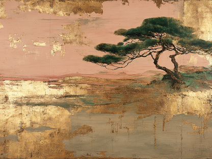 Abstract wandkunstwerk met boom en warme roze, groene en metallic tinten in serene compositie
