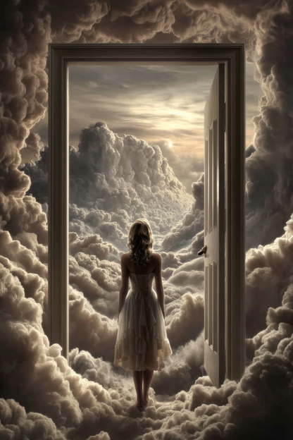 Volledige weergave van Dageraadspoort met vrouw in deuropening omringd door wolken
