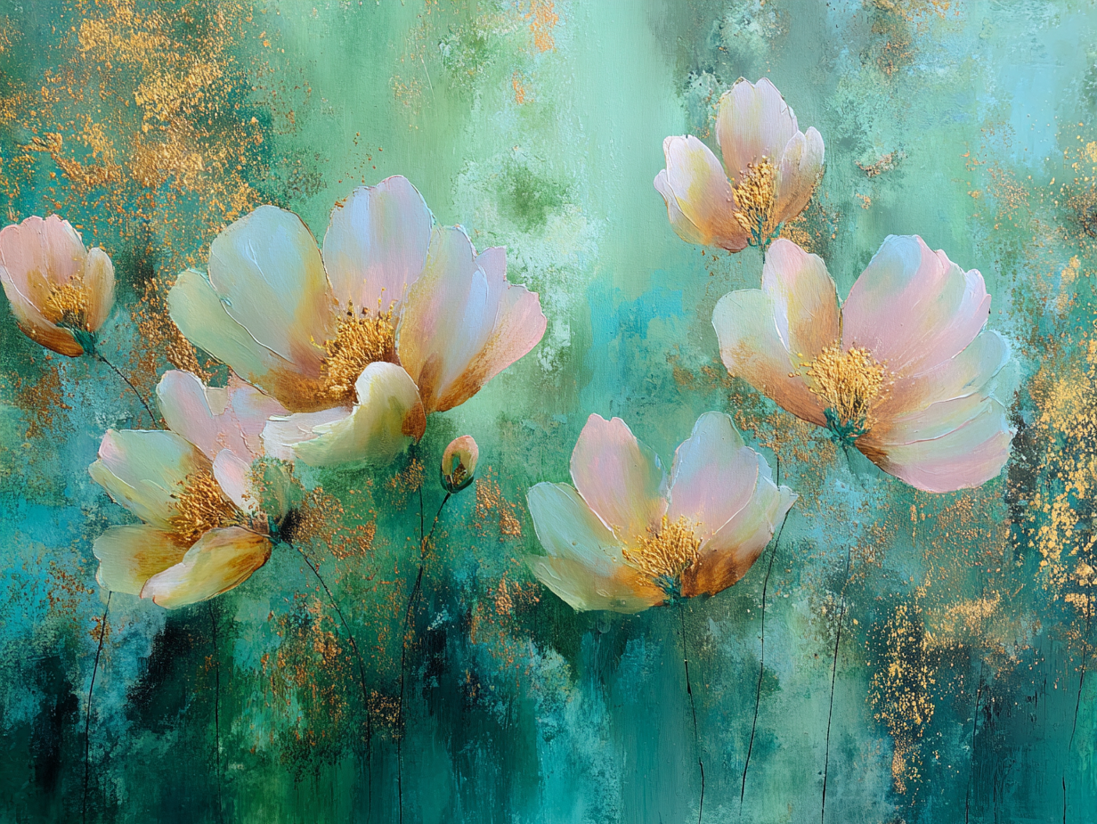 Volledig kunstwerk Dans van Bloesem met dromerige bloemen in groen, roze en goud 
