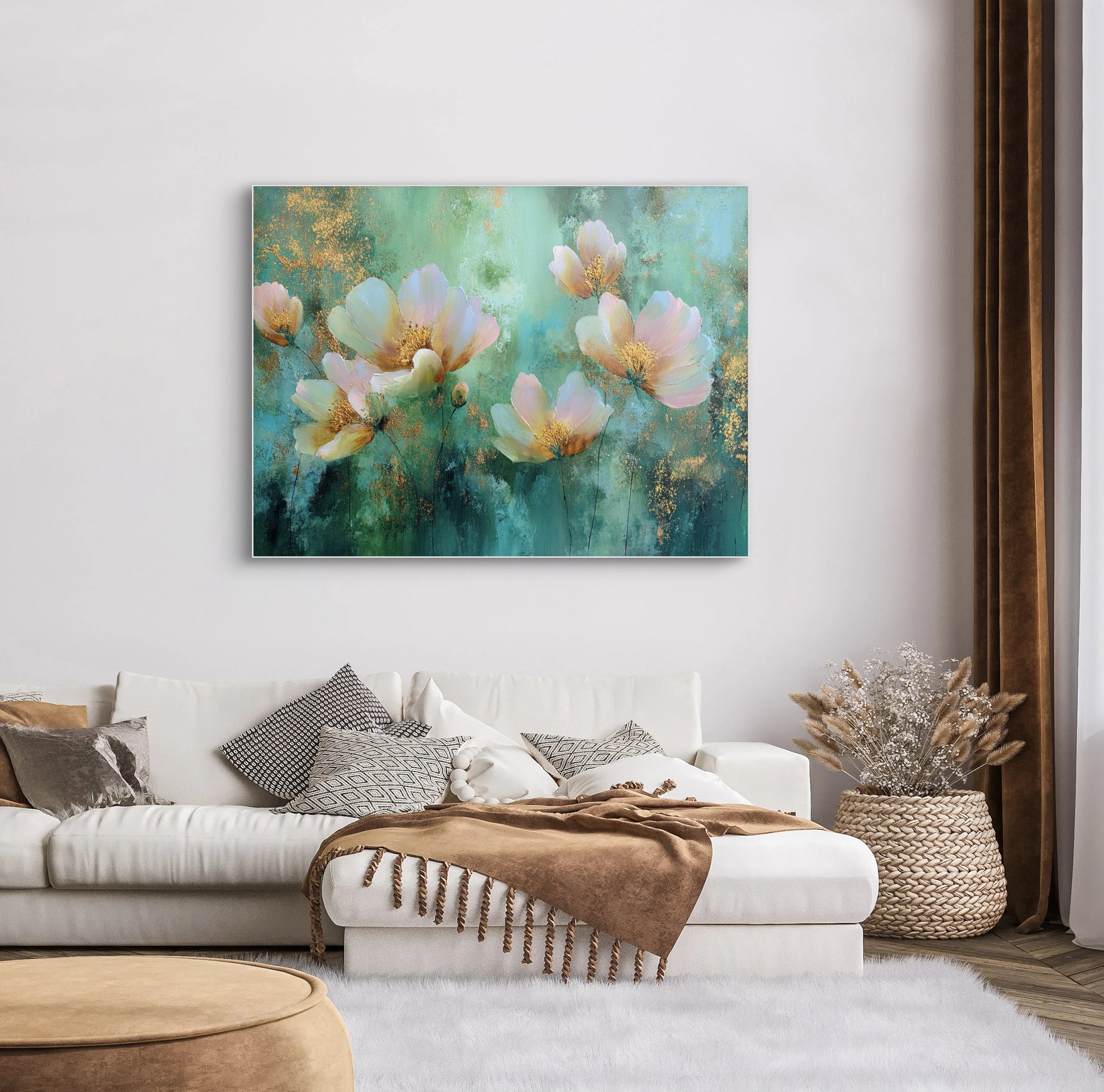 Mock-up van kunstwerk Dans van Bloesem aan de muur boven witte bank met kussens en plaid 
