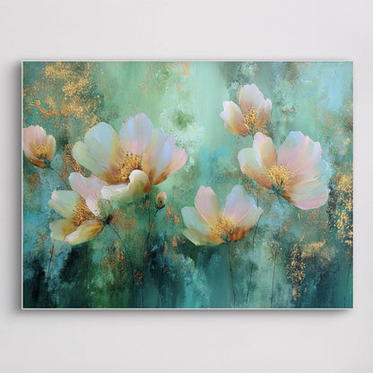 Detailopname van kunstwerk Dans van Bloesem met roze en witte bloemen en gouden accenten 
