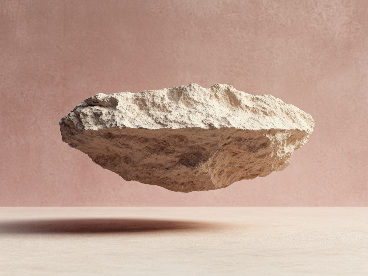 Minimalistisch kunstwerk Dans van Steen en Licht met drijvende rots tegen zachte achtergrond in aardse tinten.
