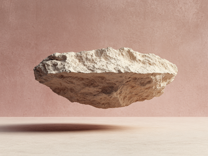 Minimalistisch kunstwerk Dans van Steen en Licht met drijvende rots tegen zachte achtergrond in aardse tinten.
