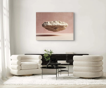 Kunstwerk Dans van Steen en Licht boven een zwarte kast tussen twee crème stoelen in een modern interieur.
