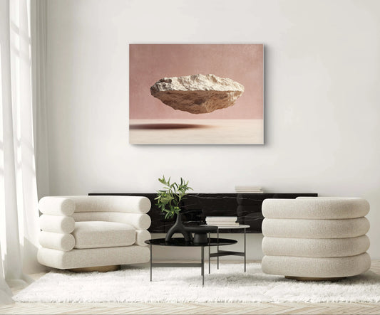 Kunstwerk Dans van Steen en Licht boven een zwarte kast tussen twee crème stoelen in een modern interieur.
