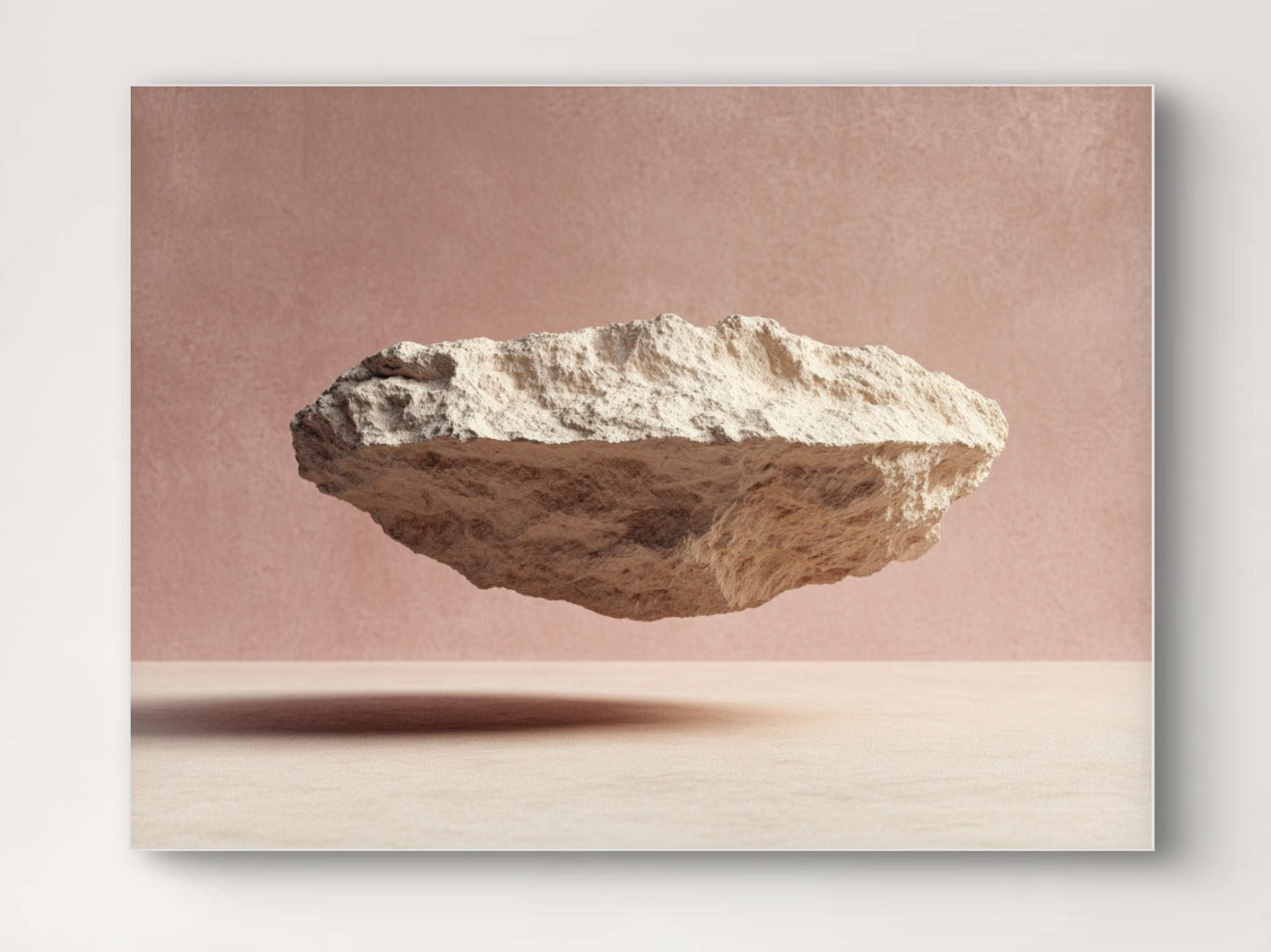 Minimalistisch kunstwerk Dans van Steen en Licht met drijvende rots tegen zachte achtergrond in aardse tinten.
