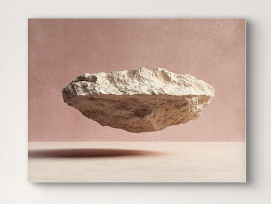 Minimalistisch kunstwerk Dans van Steen en Licht met drijvende rots tegen zachte achtergrond in aardse tinten.
