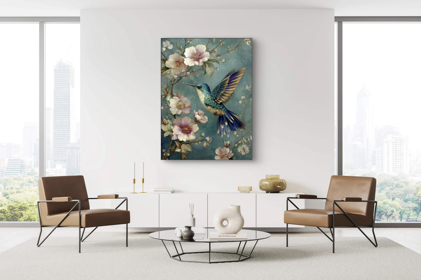 Mock-up van Dans van de Kolibrie boven een moderne zithoek met twee stoelen en een lage tafel  
