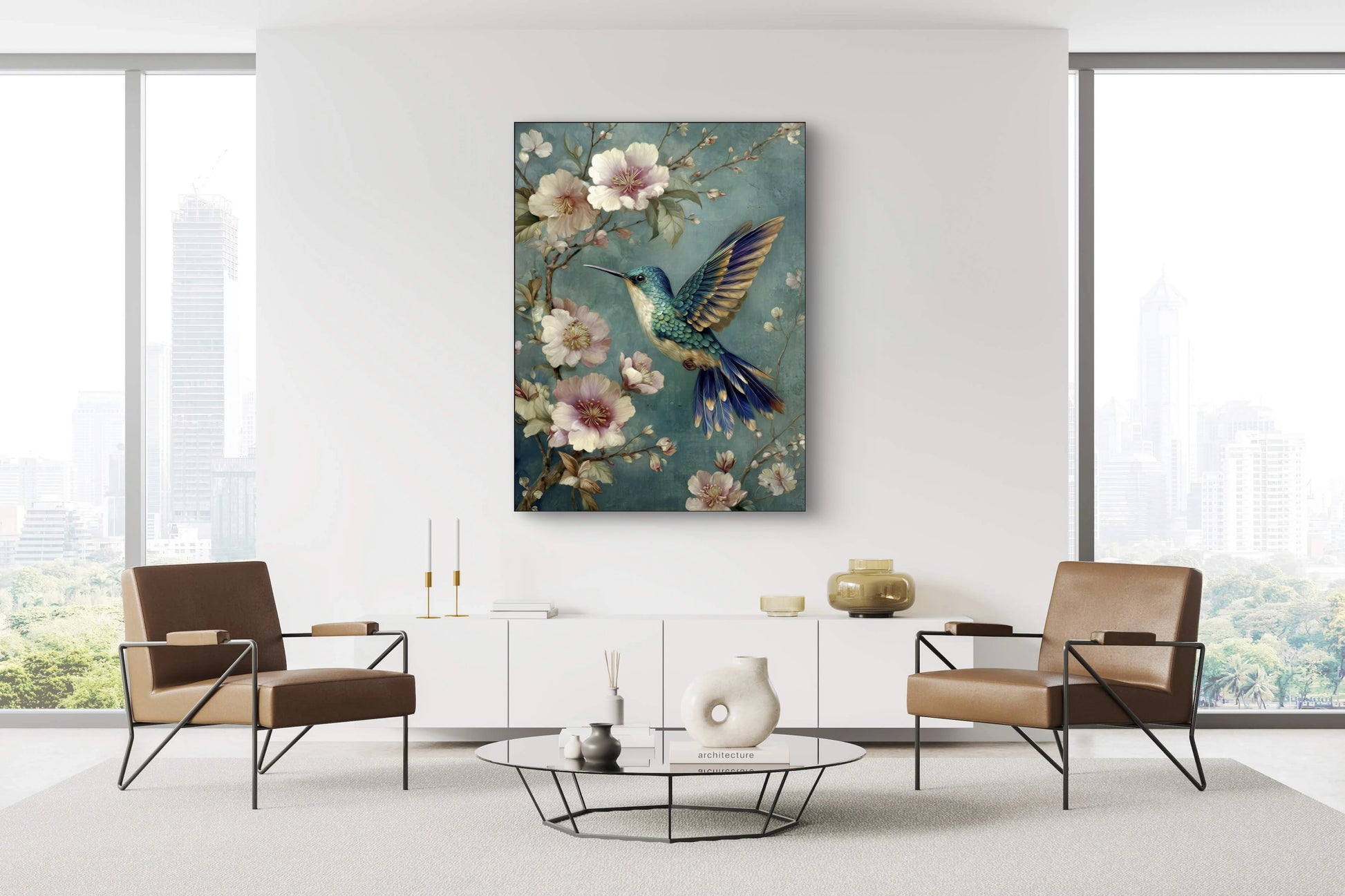 Mock-up van Dans van de Kolibrie boven een moderne zithoek met twee stoelen en een lage tafel  
