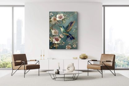 Mock-up van Dans van de Kolibrie boven een moderne zithoek met twee stoelen en een lage tafel  
