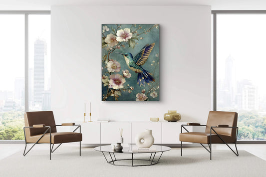 Mock-up van Dans van de Kolibrie boven een moderne zithoek met twee stoelen en een lage tafel  
