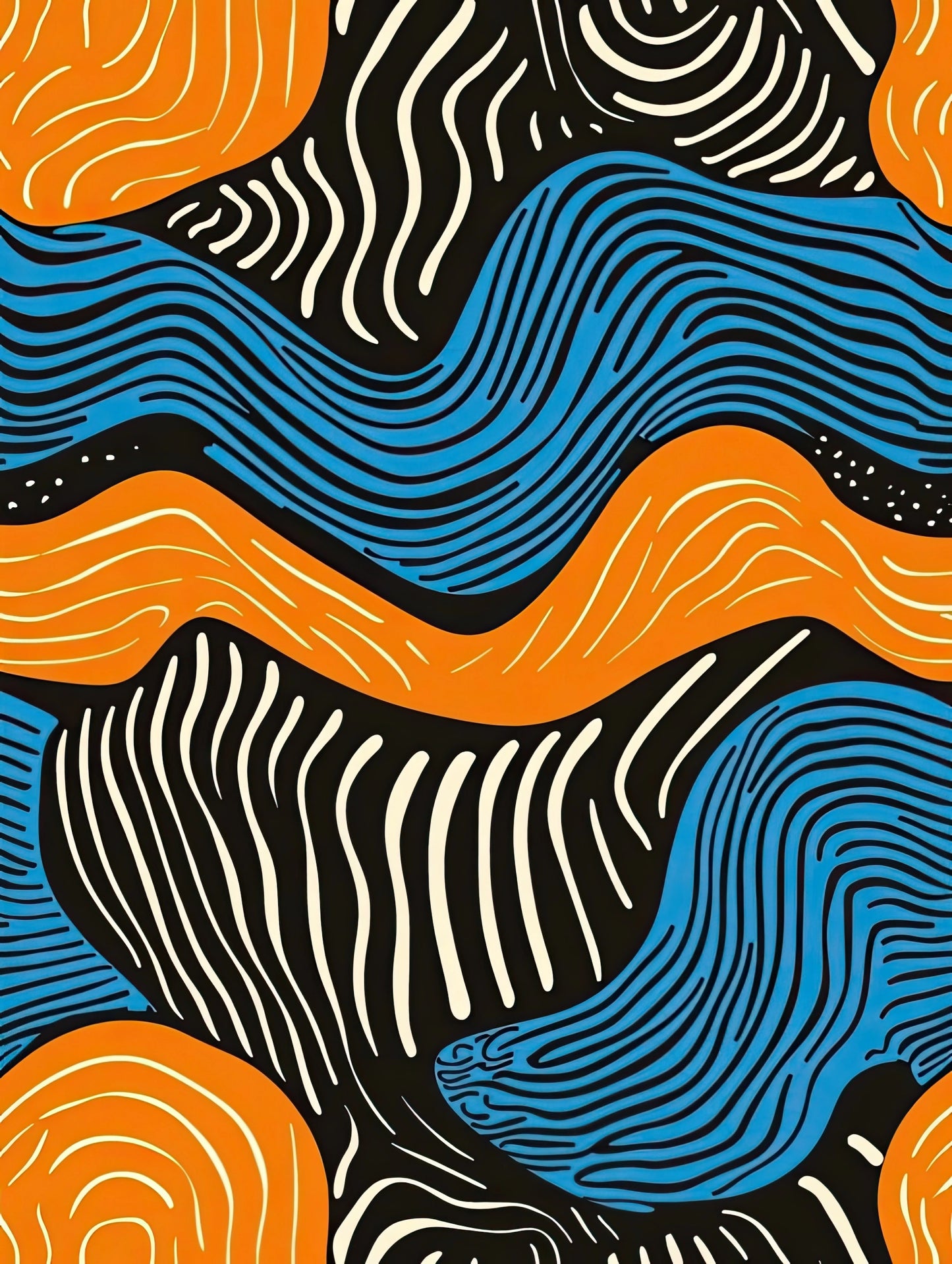 Volledige afbeelding van abstracte muurkunst met organische vormen en levendige kleuren
