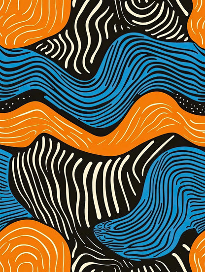 Volledige afbeelding van abstracte muurkunst met organische vormen en levendige kleuren
