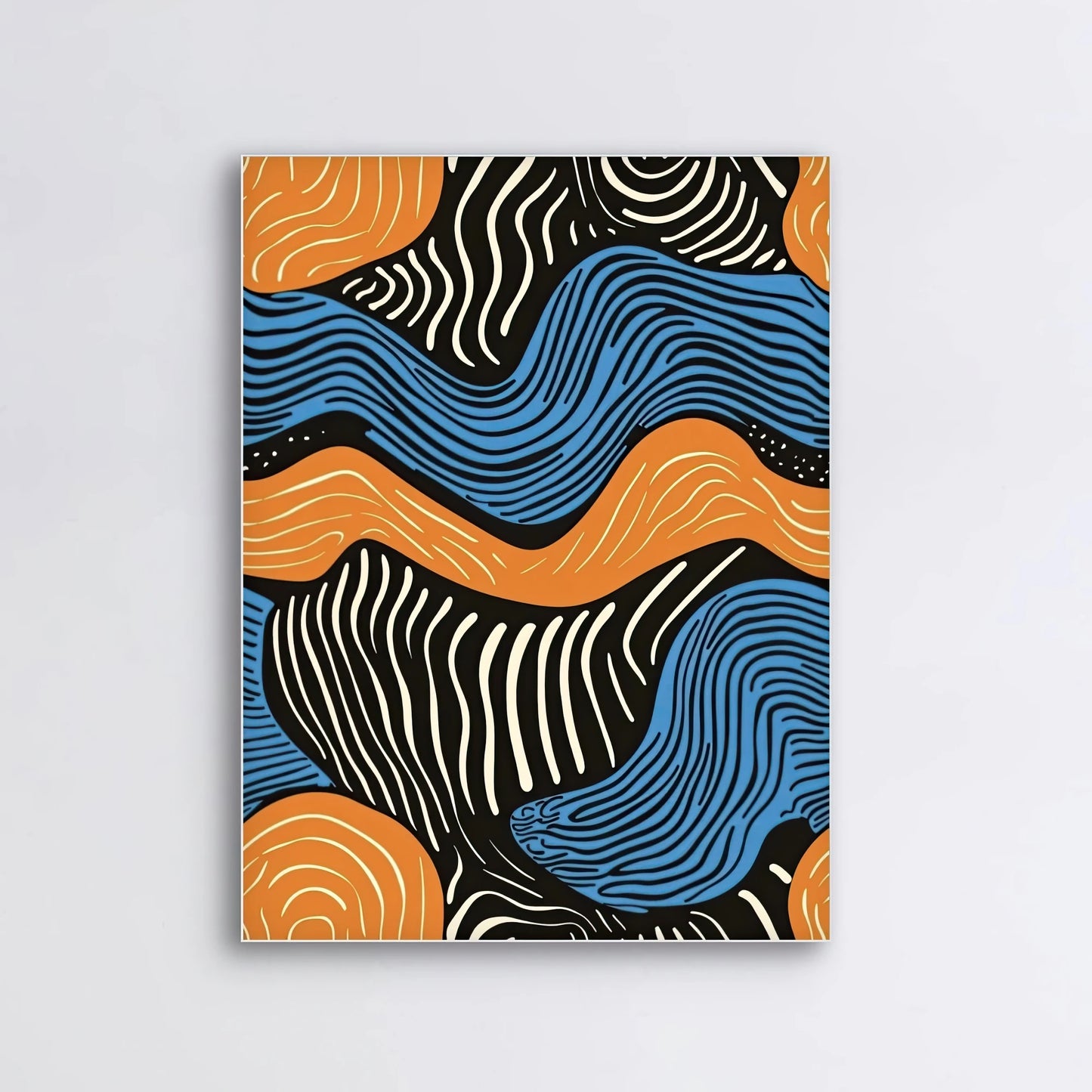 Detail van grafische kunst met golvende lijnen en contrasterende kleuren op textiel
