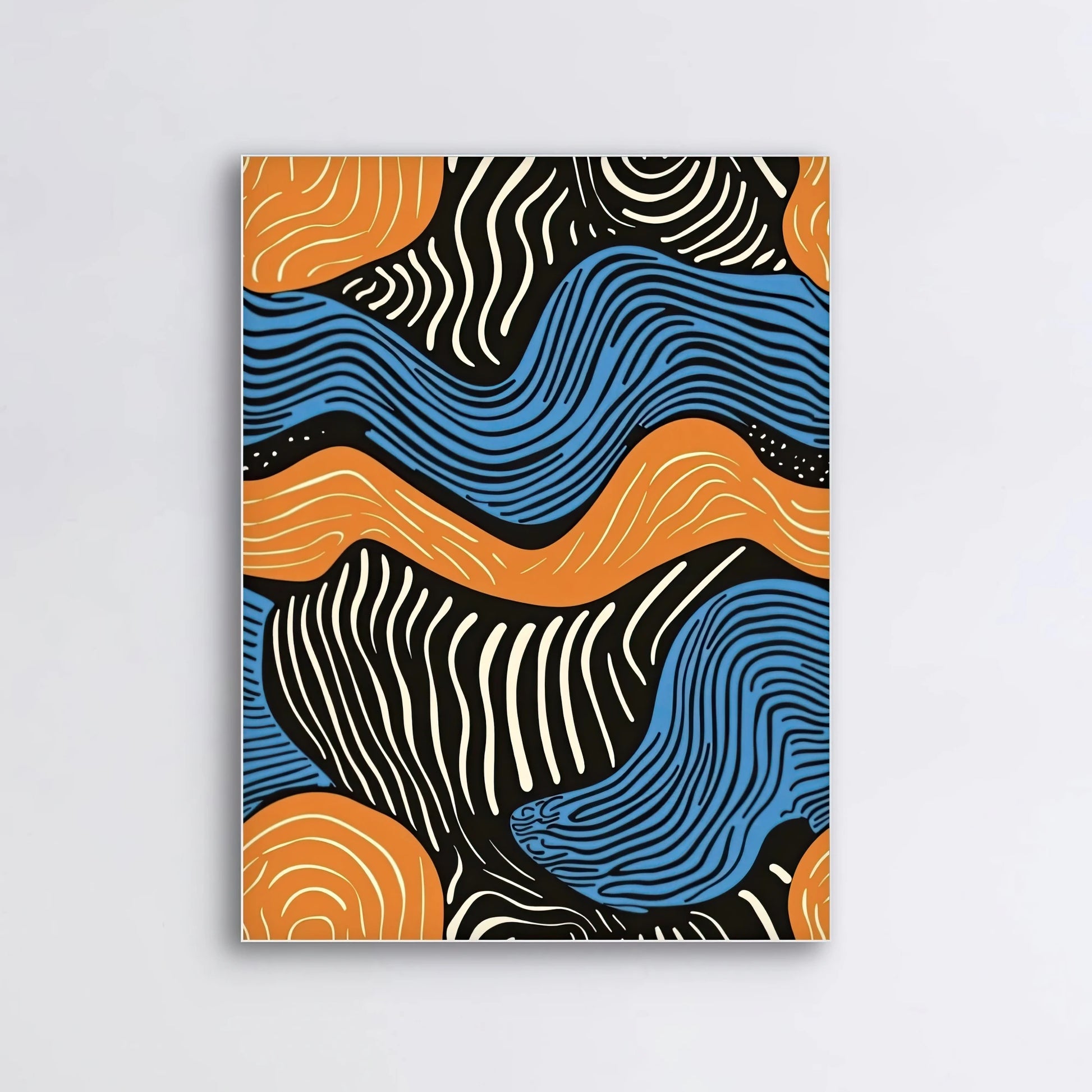 Detail van grafische kunst met golvende lijnen en contrasterende kleuren op textiel
