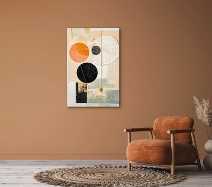 Moderne geometrische wanddecoratie met cirkels in zwart, oranje, beige en blauwgrijs
