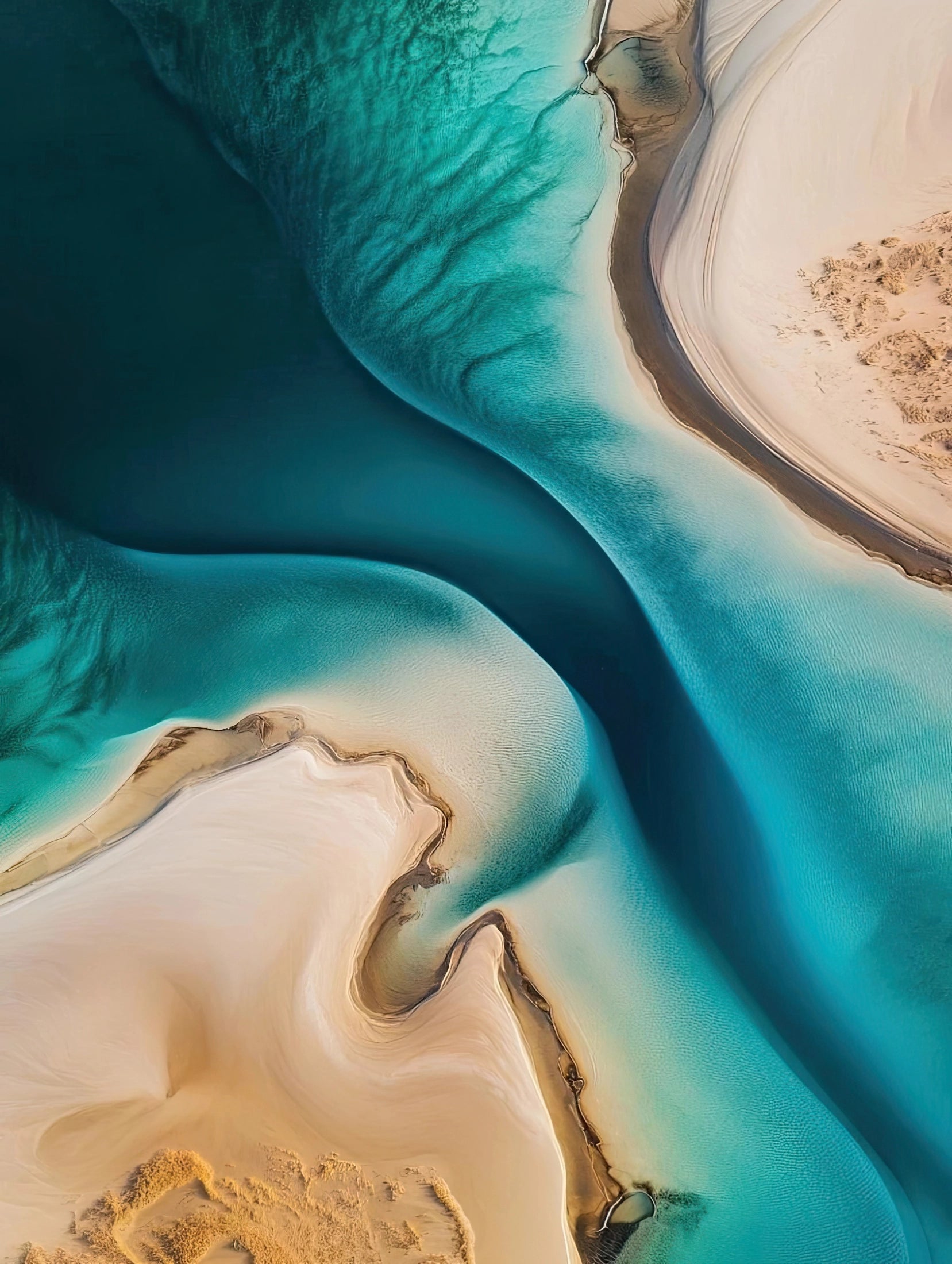 Volledig kunstwerk met abstract landschap van water en woestijn, in turquoise en zandkleur

