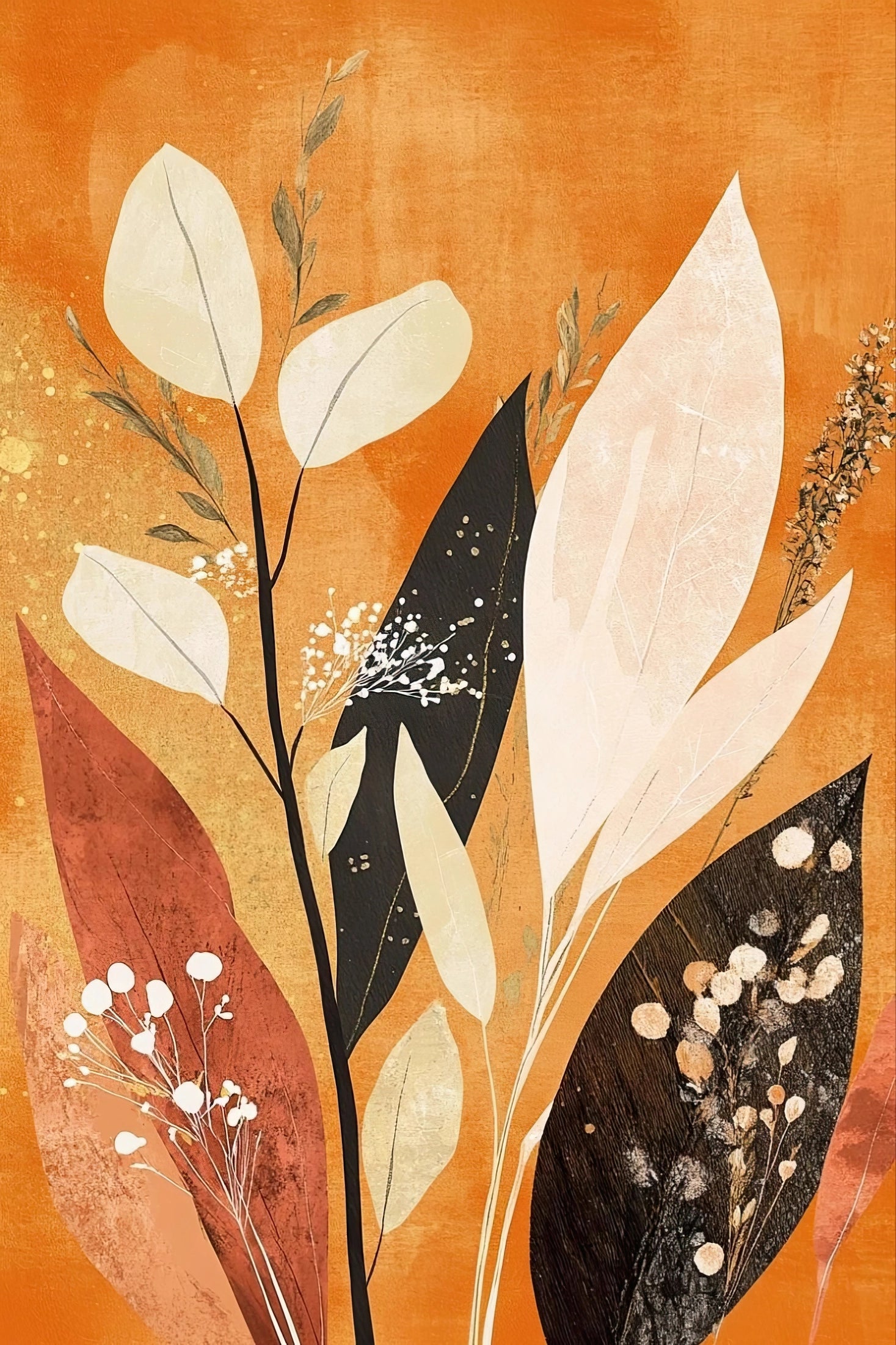 Volledig kunstwerk met herfstachtige bladvormen in warme kleuren op oranje achtergrond
