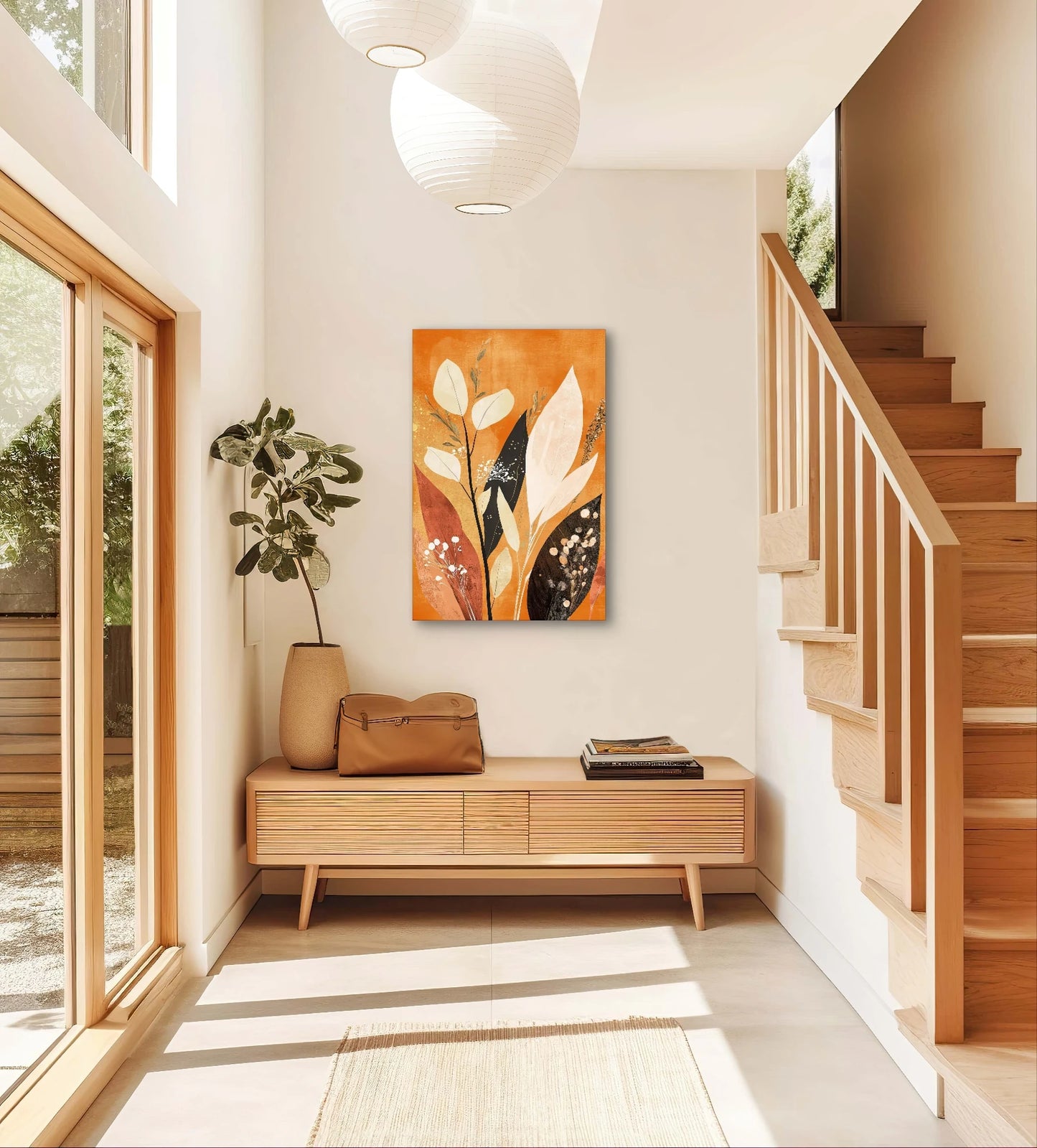 Textielkunstwerk met abstracte herfstbladeren in oranje en aardetinten, hangend in lichte hal met houten trap en meubels
