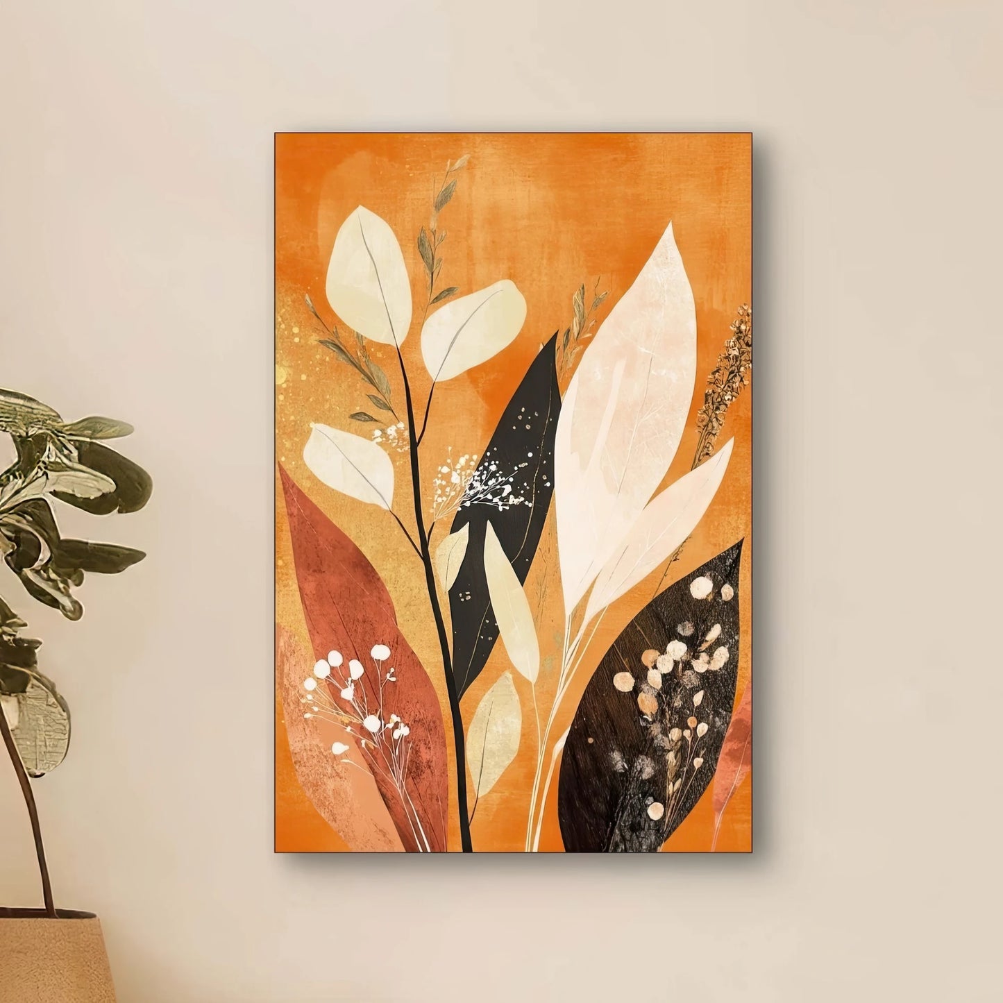 Detail van kunstwerk met warme abstracte bladeren in oranje, bruin en gebroken wit met spetters en textuur
