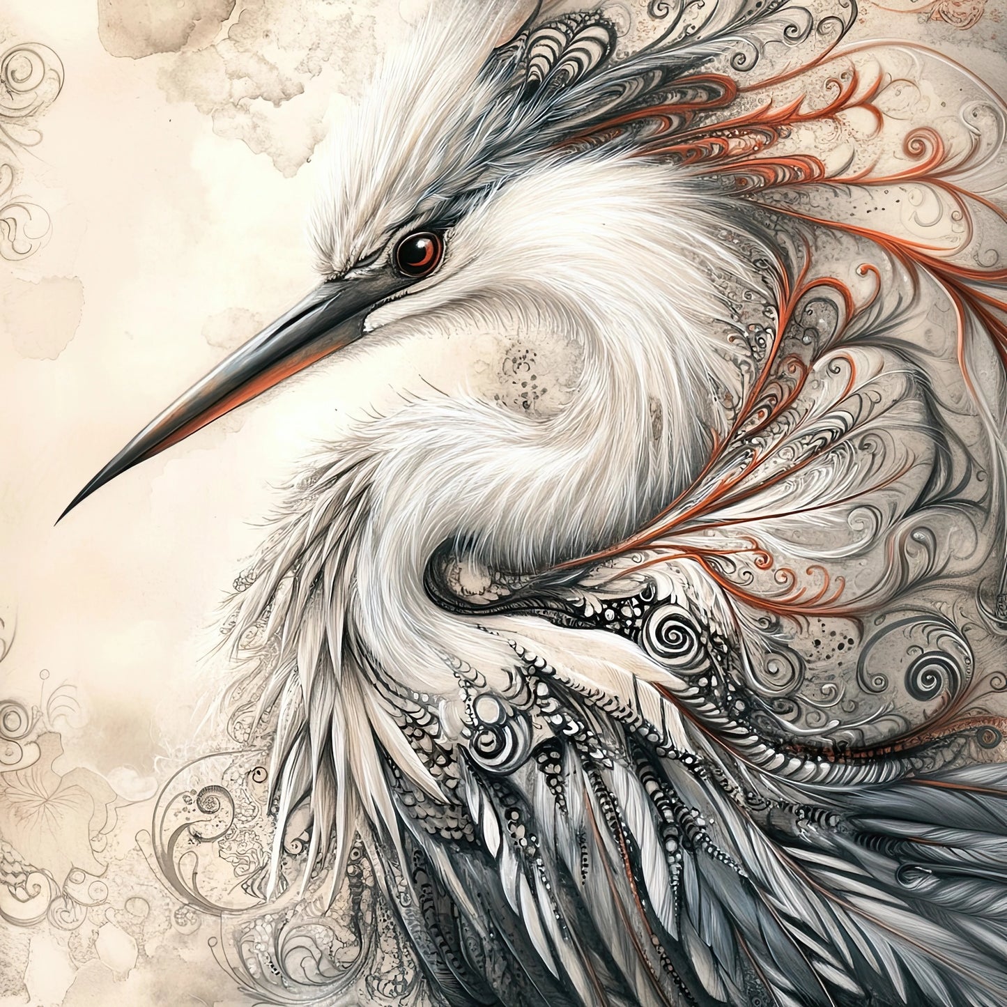 Illustratieve vogel met hypnotiserende patronen in de veren en zachte achtergrond
