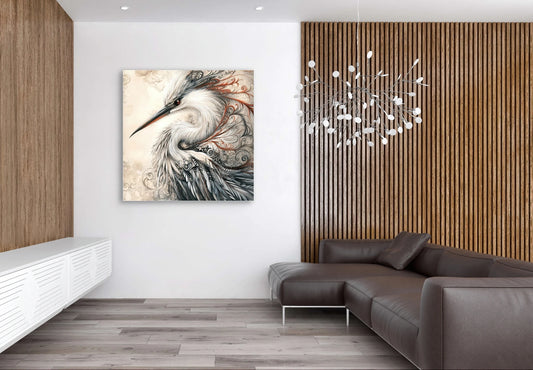 Wandkunst met sierlijke witte vogel en gedetailleerde veren in een luxe interieur
