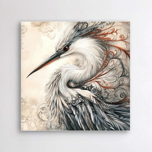 Detail van sierlijke vogel met grafische veren in crème, zwart en koperaccenten
