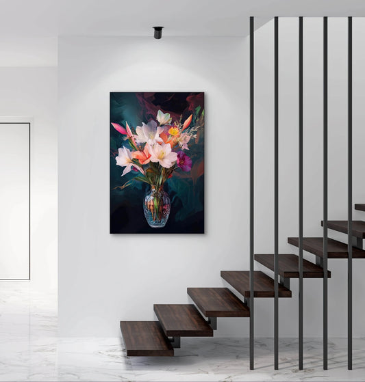 Textielkunstwerk Dans van het Licht boven witte wand bij moderne trap met donkerhouten treden
