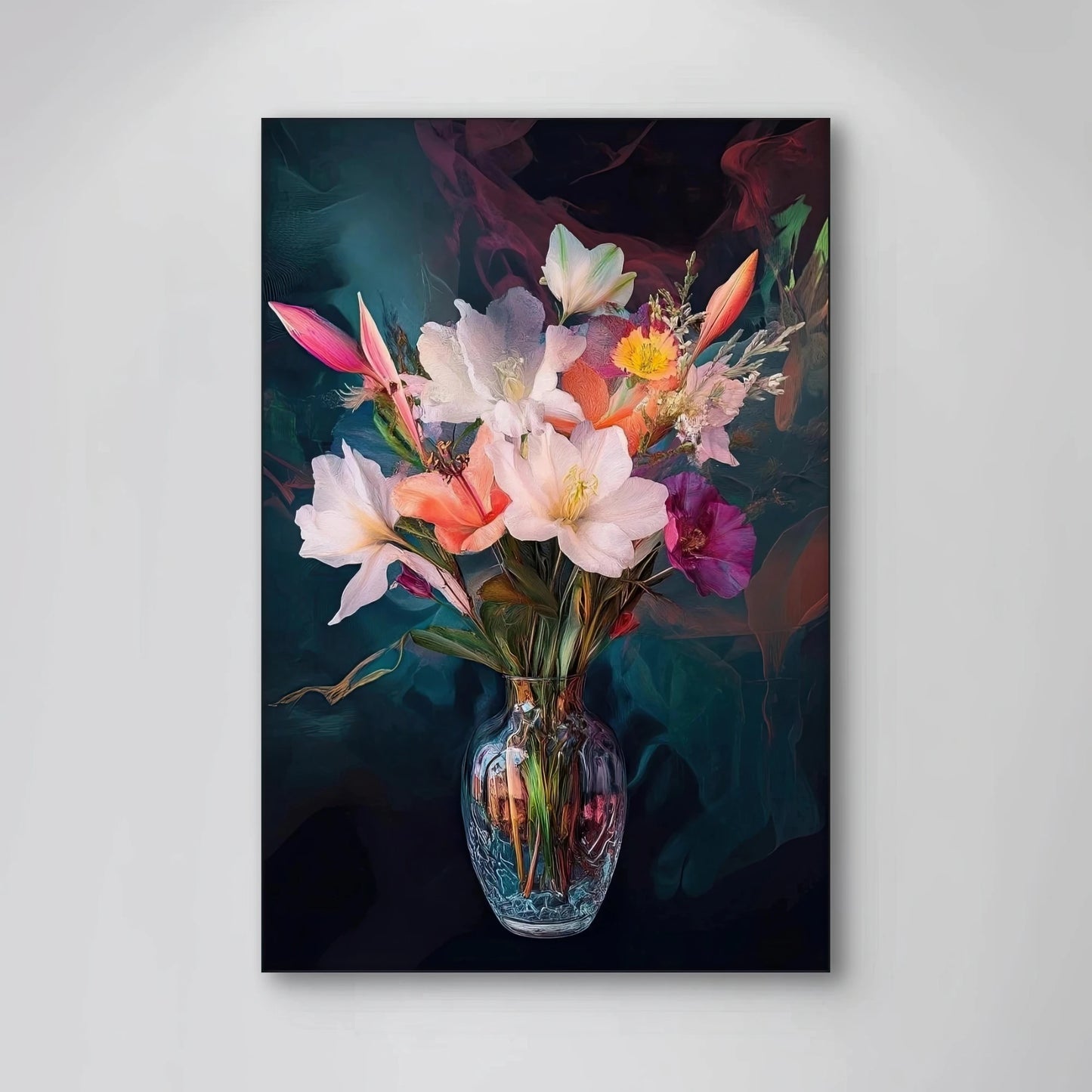 Detail van Dans van het Licht met kleurrijke bloemen in een vaas tegen diepe donkere achtergrond
