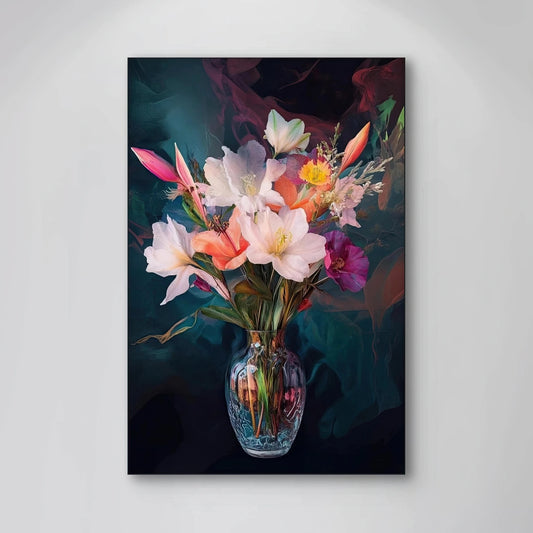 Detail van Dans van het Licht met kleurrijke bloemen in een vaas tegen diepe donkere achtergrond
