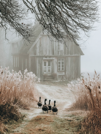 Fotografisch wandkunstwerk met ganzen, mist en oud huis in zachte natuurlijke tinten
