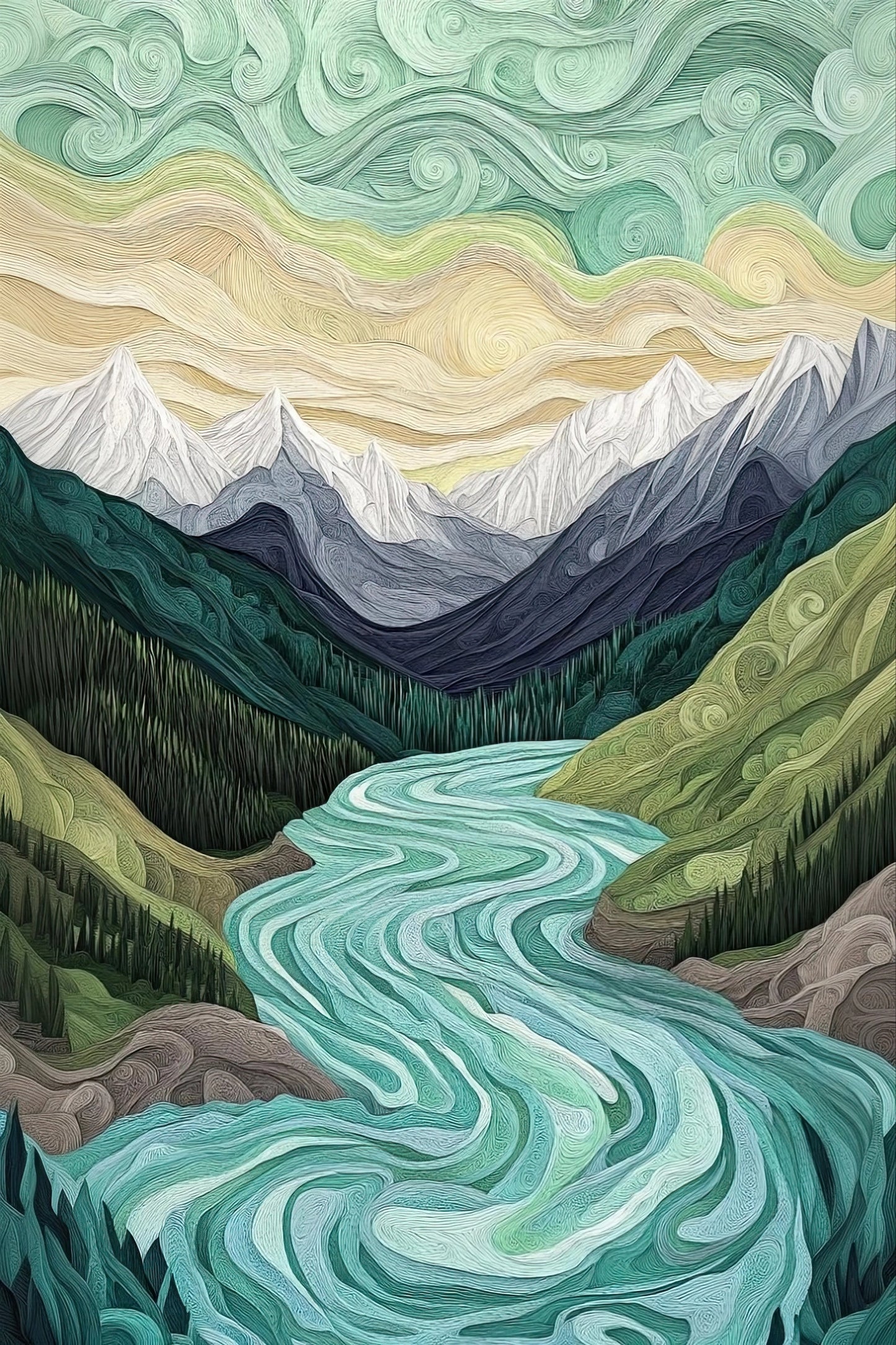 Volledig kunstwerk met rivierlandschap in golvende stijl, met bergen, bossen en lucht in bewegende vormen
