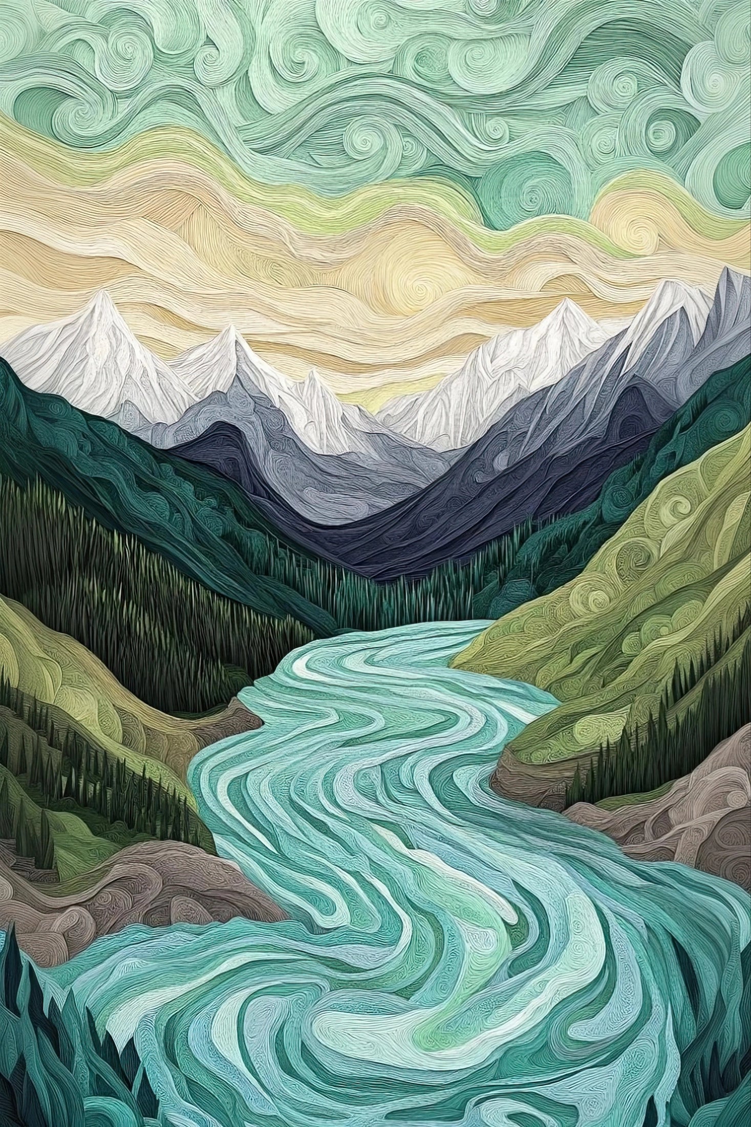 Volledig kunstwerk met rivierlandschap in golvende stijl, met bergen, bossen en lucht in bewegende vormen
