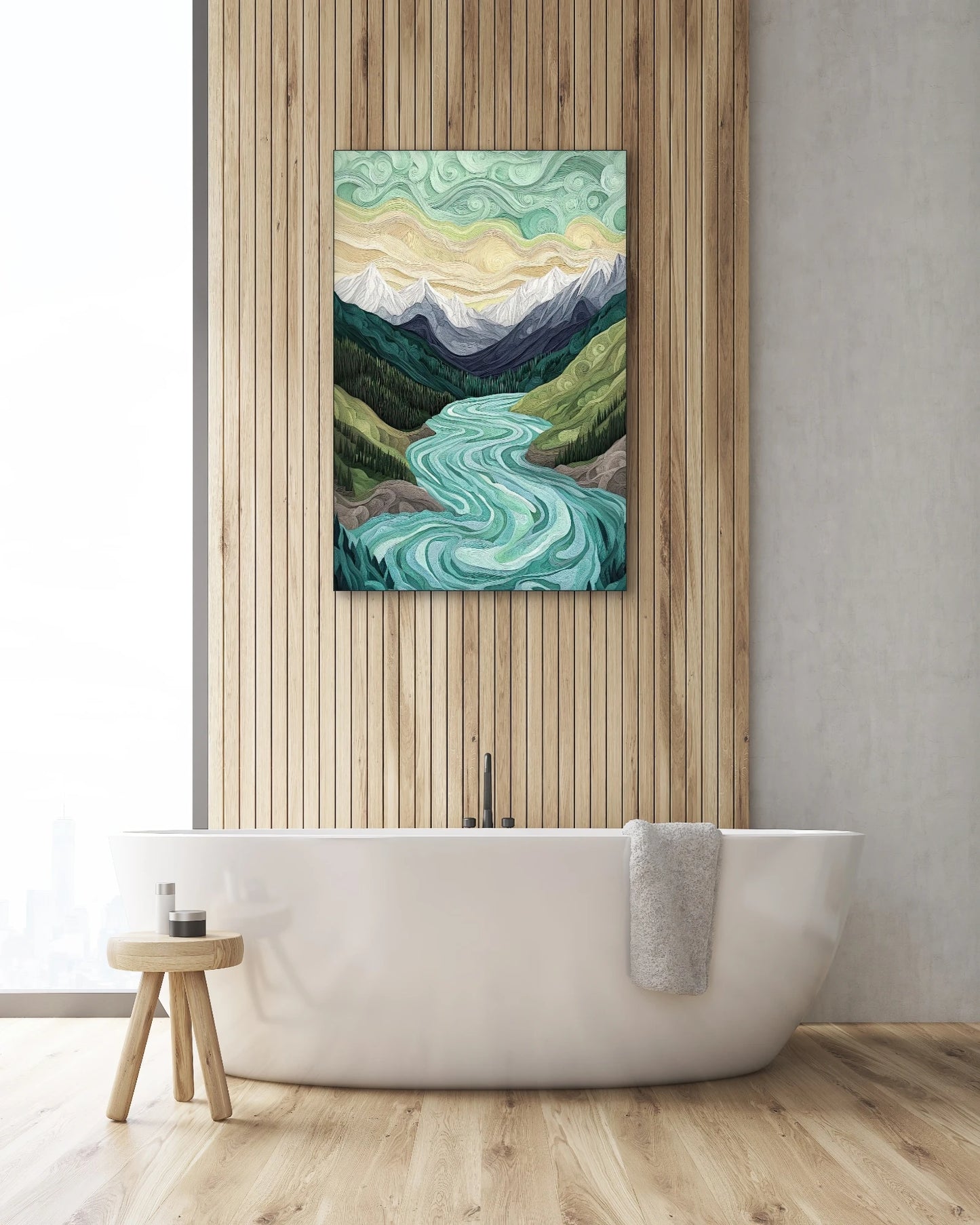 Textielkunstwerk met illustratieve rivier en bergen in groen en turquoise, hangend boven een vrijstaand bad met houten wand
