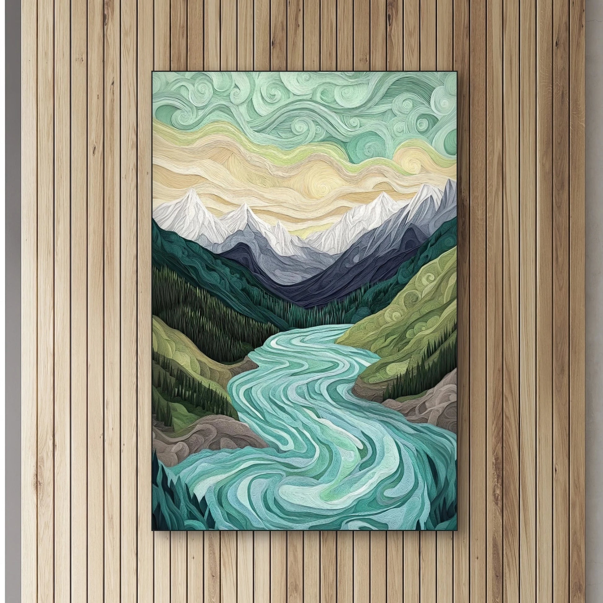 Detail van kunstwerk met kronkelende turquoise rivier, groene heuvels en abstracte luchtstromen
