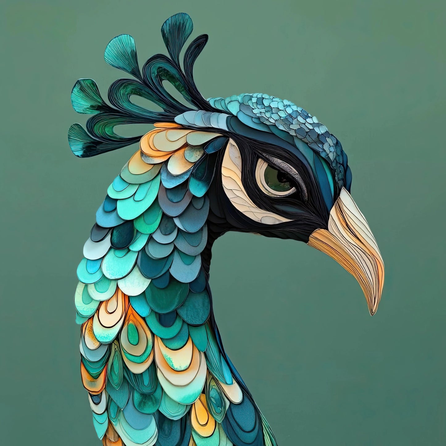 Illustratie van een pauw met sierlijke veren in blauw, groen en goudtinten
