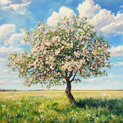 Volledig kunstwerk met bloeiende boom in een open veld onder een blauwe lucht met wolken
