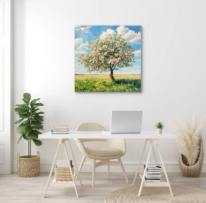 Textielkunstwerk met bloeiende boom in weiland onder blauwe lucht, hangend boven een wit bureau in licht interieur
