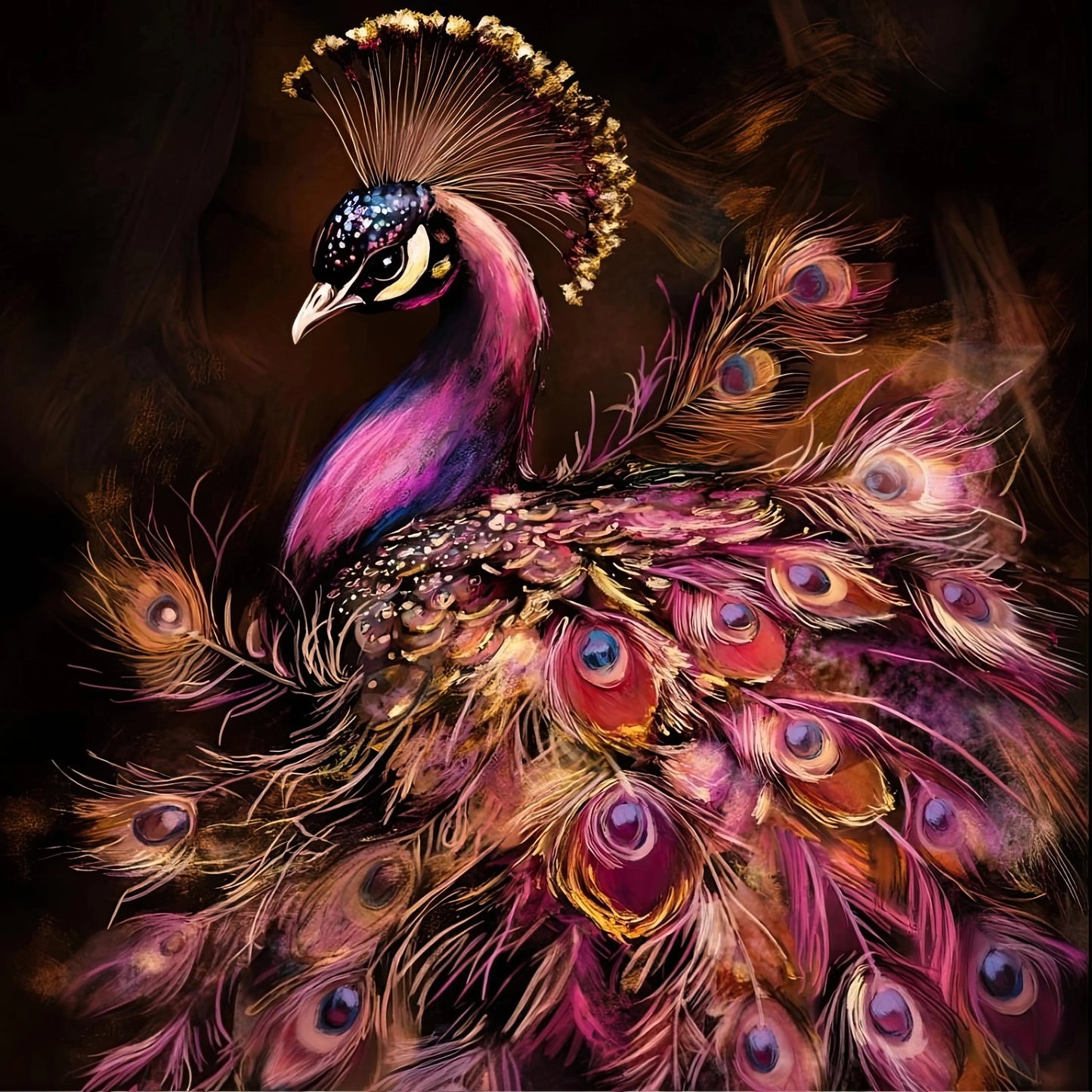 Stijlvolle illustratie van een pauw met paarse veren en rijke details op donkere achtergrond
