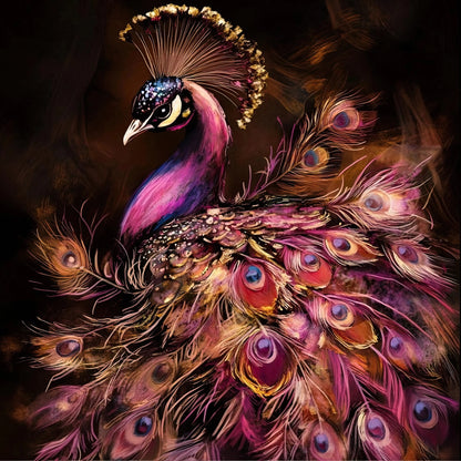 Stijlvolle illustratie van een pauw met paarse veren en rijke details op donkere achtergrond
