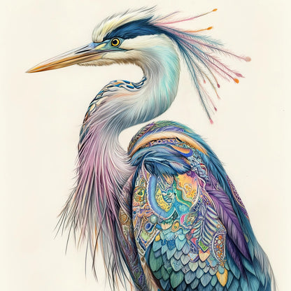 Illustratie van een sierlijke reiger met kleurrijke veren in pasteltinten en ornamentale details
