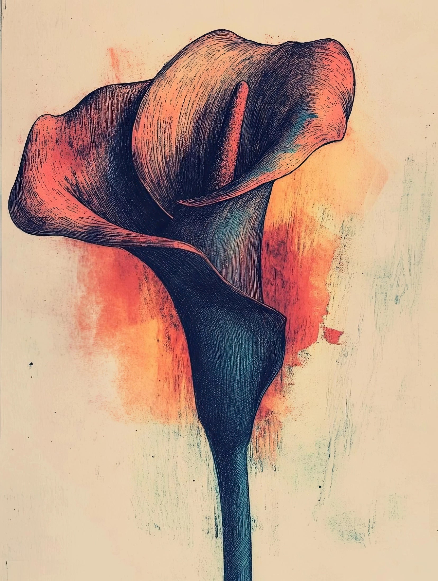 Kunstwerk van gestileerde bloem met expressieve lijnen en kleurvlekken in warme tinten
