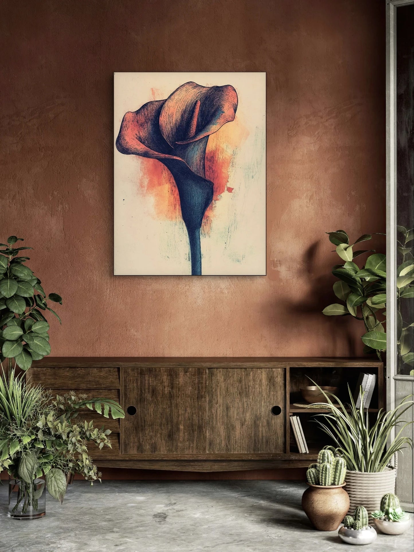 Wandkunst met bloemillustratie in warm interieur met terracottamuur en houten kast
